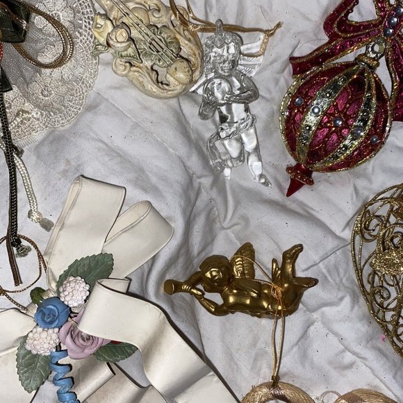 Victorian vintage ornaments heart lace gold pink Glass Flower Cherubs papermache - Picture 16 of 16